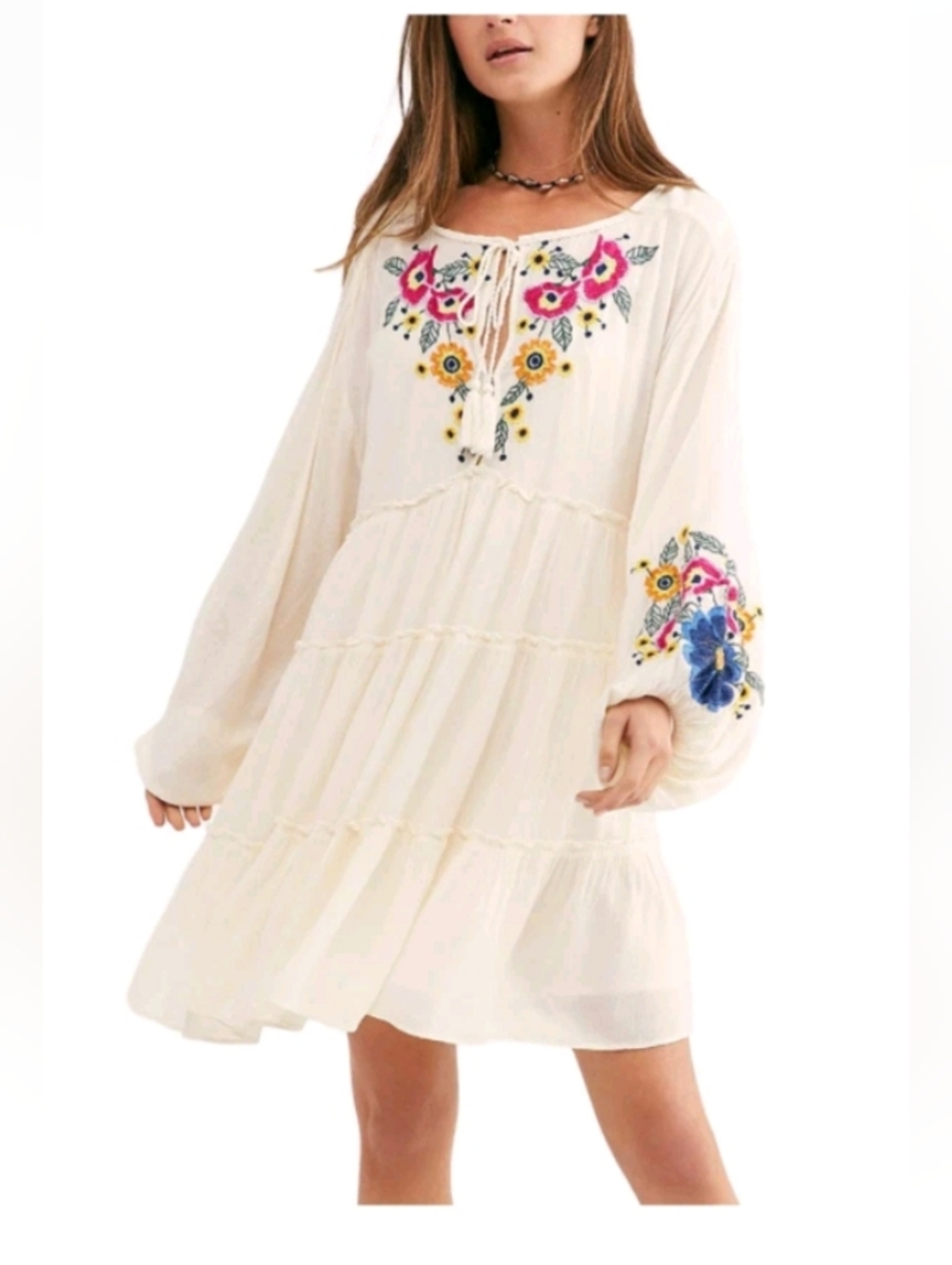 Free People Spell On You Ecru Ivory Floral Embroidered Peasant Dress Sz Xs
